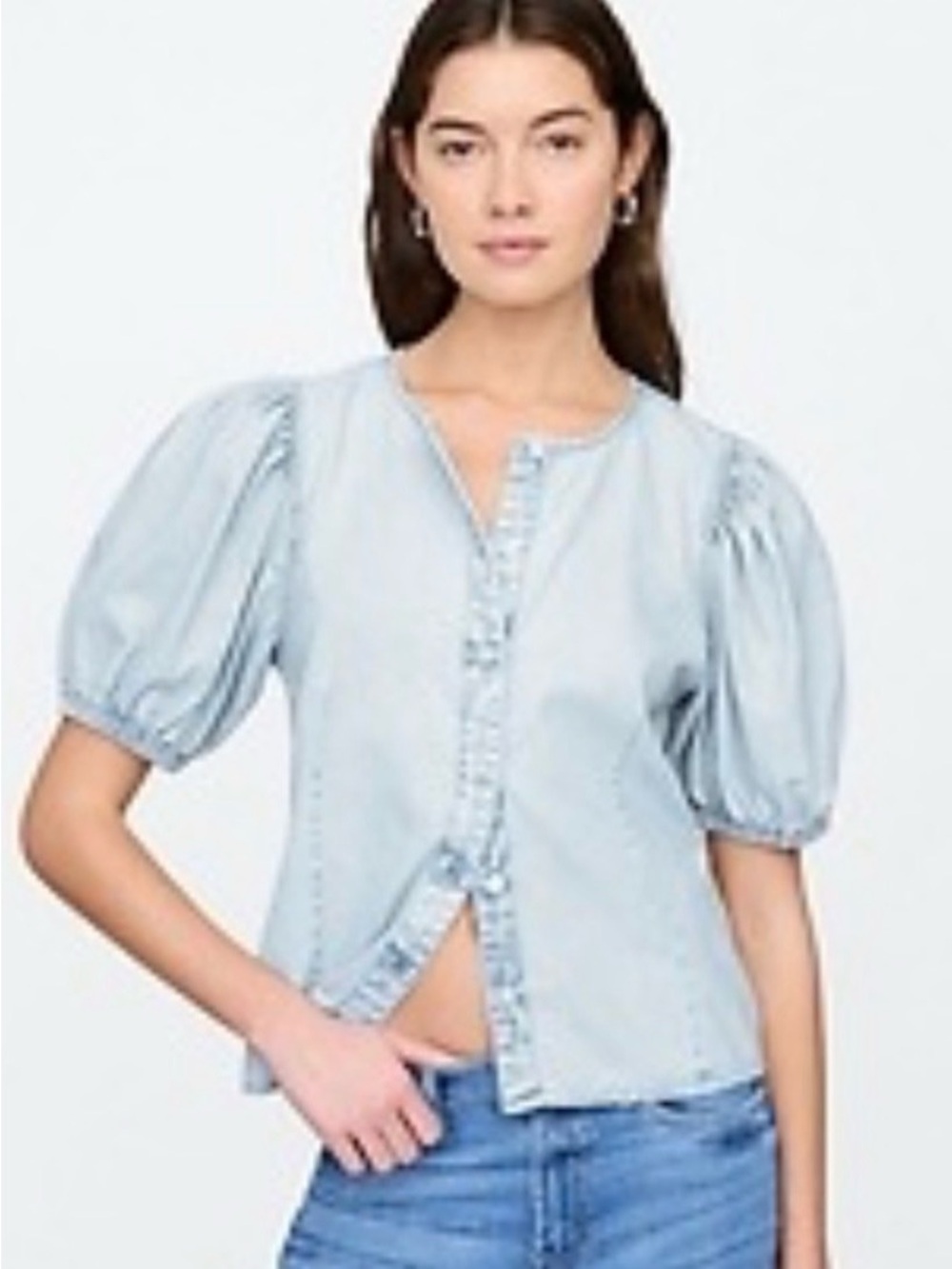 NWT GAP Light Blue Puff-Sleeve Button-Front Blouse Size Small